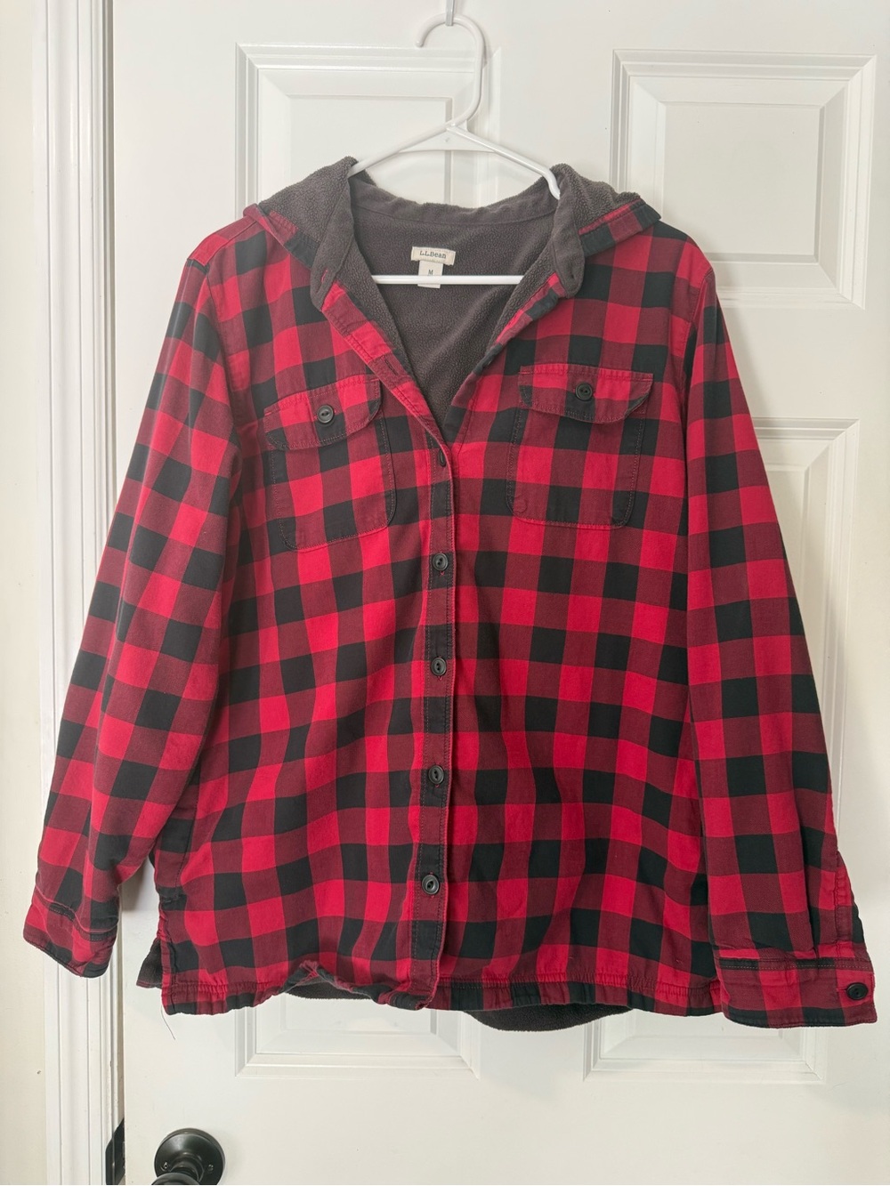 L.L. Bean Red and Black Buffalo Plaid Hooded Flannel Fleece jacket
